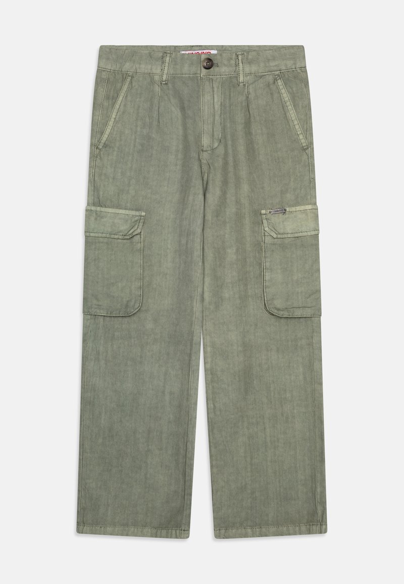 Παντελόνια cargo σε ανοιχτό ελαιόχρωμο με λεία υφή. Περιλαμβάνουν δύο μεγάλες πλαϊνές τσέπες και κλείσιμο με κουμπί στη μέση.