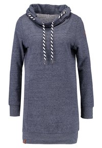 Abito felpa blu navy con collo a barchetta, cordini a contrasto, maniche lunghe e orlo inferiore texturizzato. Presenta una piccola accentuazione del logo.