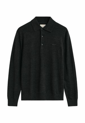 Polo shirt à manches longues gris foncé avec un col, trois boutons sur la patte de boutonnage et un logo brodé discret sur la poitrine.