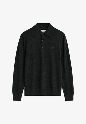 Polo shirt à manches longues gris foncé avec un col, trois boutons sur la patte de boutonnage et un logo brodé discret sur la poitrine.