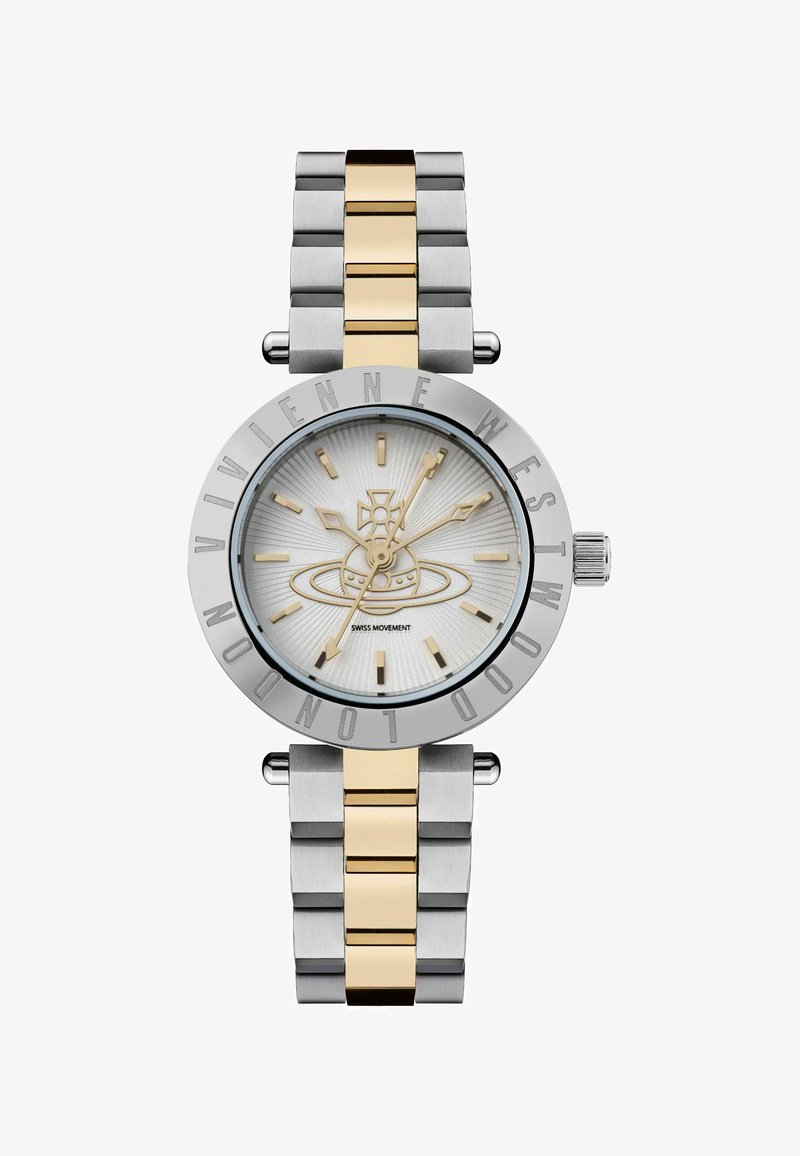 Zilveren en gouden metalen horloge met een ronde wijzerplaat. De witte gestructureerde wijzerplaat heeft gouden wijzers, streepmarkeringen en een logo-ontwerp. Dikke buitenring.
