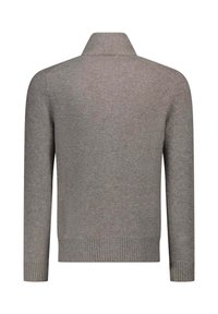 Maglione grigio lavorato a maglia con colletto, maniche lunghe e polsini e orlo a coste. Texture morbida e dettagli di design minimal.