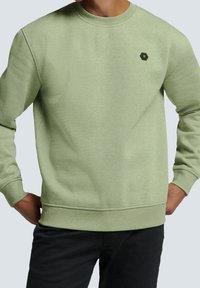 Ljusgrön crewneck sweatshirt i bomullsblandning. Har ribbade ärmslut och linning, med en liten hexagonal logotyp på bröstet.