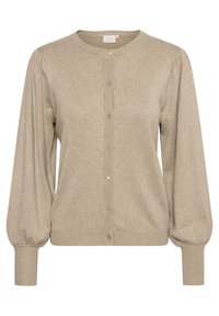 Béžový pletený cardigan s kulatým výstřihem, zapínáním na knoflíky a balónovými rukávy. Obsahuje žebrované manžety a lem pro texturovaný vzhled.