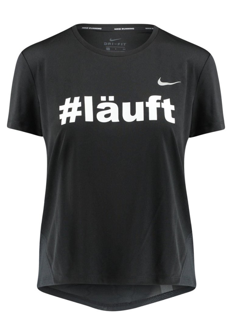 Camiseta negra Nike Dri-FIT de manga corta, con un hashtag blanco y el texto "#läuft" en la parte frontal y un dobladillo curvado.