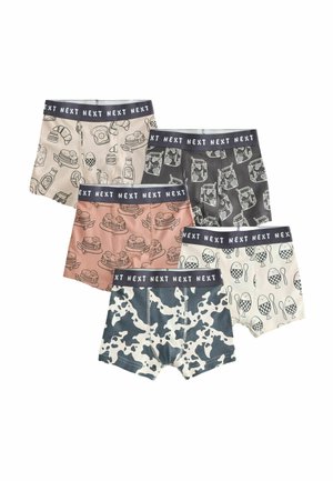 Five pairs of boys’ boxer shorts with breakfast-themed prints and black waistbands labeled "NEXT," featuring toast, milk cartons, pancakes, and eggs.