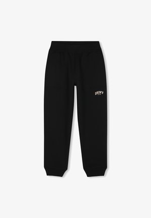Zwarte DKNY sweatpants met elastische tailleband en boorden, met kleine beige logotekst op de linker dij.