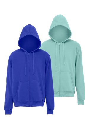 Dwie proste bluzy z kapturem na zamek, jedna królewska niebieska z przodu, a druga jasnoturkusowa z tyłu, obie z przednimi kieszeniami i troczkami.