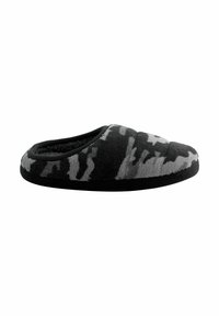 Pantoufle à motif camouflage noir et gris avec un haut en tissu doux, semelle intérieure rembourrée et semelle noire durable. Design à dos ouvert.