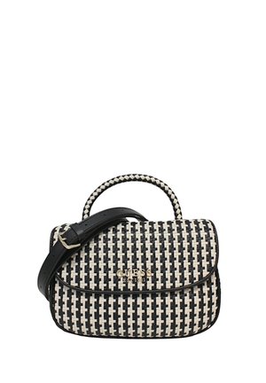Sac en bandoulière tissé en noir et blanc avec une forme structurée, featuring une poignée supérieure, une bandoulière ajustable et un détail logo doré.
