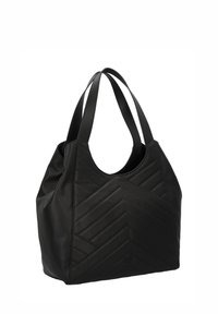 Black leather tote bag with a textured chevron pattern, two sturdy straps, and a spacious design; sleek and minimalistic appearance.