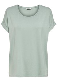 Jasnozielony t-shirt z krótkim rękawem i okrągłym dekoltem, z podwiniętymi rękawami, wykonany z miękkiej tkaniny o subtelnej fakturze.