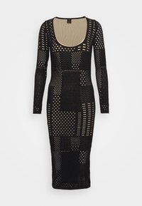 Abito lungo nero a maniche lunghe con silhouette aderente, caratterizzato da un design in mesh decorato e da un colletto a girocollo, che mette in mostra texture e tagli diversi.