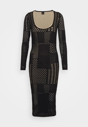 Black long-sleeve dress with a fitted silhouette, featuring a patterned mesh design and a scoop neckline, showcasing varying textures and cutouts.