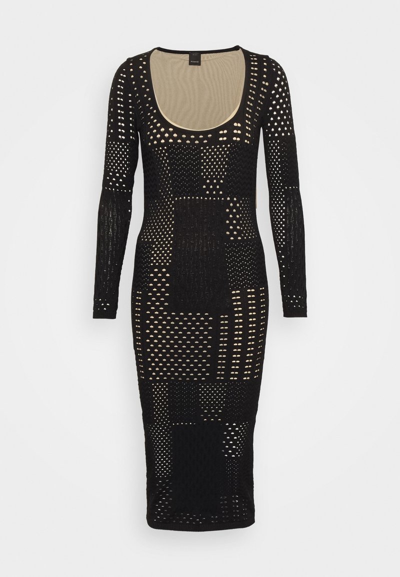 Abito lungo nero a maniche lunghe con silhouette aderente, caratterizzato da un design in mesh decorato e da un colletto a girocollo, che mette in mostra texture e tagli diversi.
