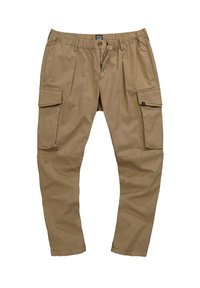 Khaki cargobroek met een elastische tailleband, ritsluiting en meerdere zijzakken. Gemaakt van lichte stof met een gladde textuur.
