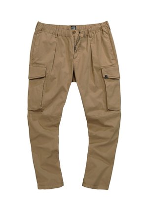Khaki cargobroek met een elastische tailleband, ritsluiting en meerdere zijzakken. Gemaakt van lichte stof met een gladde textuur.