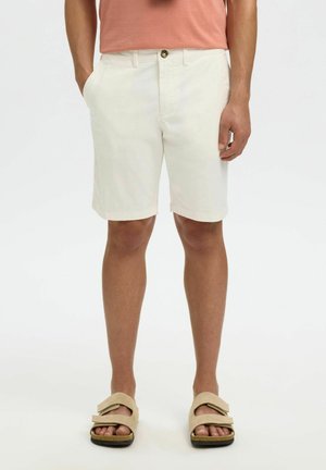 Vyras, dėvintis šviesiai smėlio spalvos šortus, lašišos spalvos marškinius ir smėlio spalvos basutes su dviem dirželiais, stovintis su rankomis kišenėse ant balto fono.