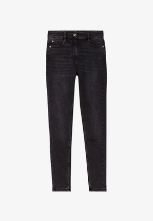 Schwarze Denim-Skinny-Jeans mit vorderem Knopfverschluss, fünf Taschen, dezentem Stickmuster und einer glatten Textur.