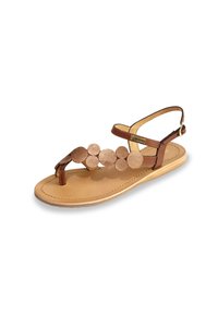 Brown leather sandal with a tan sole, featuring a decorative cluster of metallic circular accents and an adjustable ankle strap.
