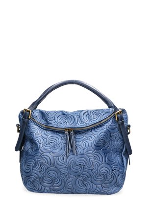 Blue leather handbag with embossed swirl pattern, zip closure, and dual handles. Features gold-tone hardware and adjustable shoulder strap.