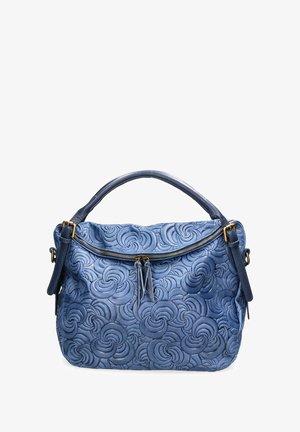 Sac à main en cuir bleu avec motif en relief de tourbillon, fermeture éclair et double poignées. Doté de quincaillerie dorée et d'une bandoulière réglable.