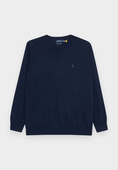 Navyblå långärmad tröja i mjukt material, med rundad halsringning, ribbade manschetter och en liten logotyp på bröstet.