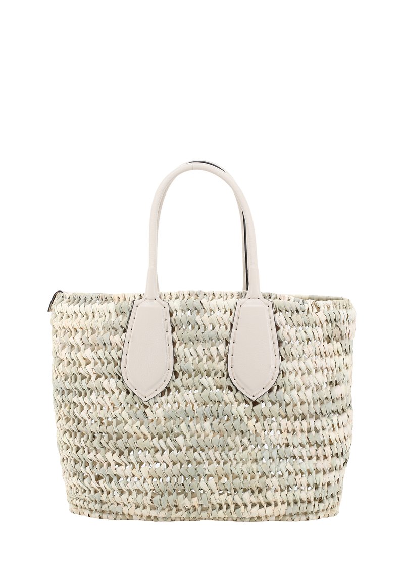 Woven straw tote bag in light beige with pale green accents. Features synthetic leather handles and detailed stitching on the handle supports.