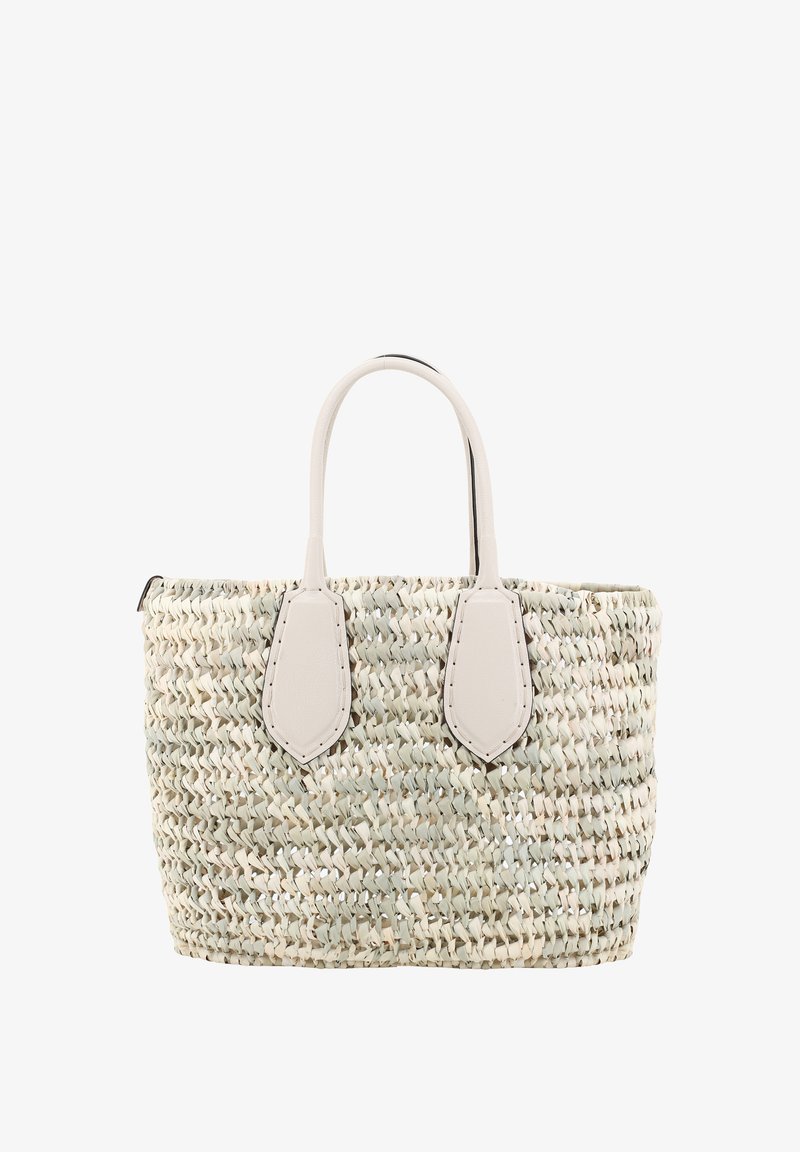 Woven straw tote bag in light beige with pale green accents. Features synthetic leather handles and detailed stitching on the handle supports.