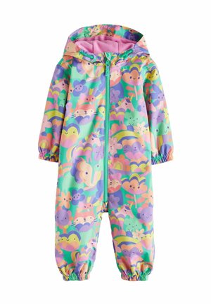 Combinaison de pluie colorée pour enfants en tissu imperméable. Équipée d'une fermeture éclair, d'une capuche et de poignets élastiques. Le design inclut des motifs d'animaux ludiques et des fleurs.