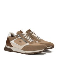 Sneakers in suede e mesh marrone con accenti bianchi e beige, dotati di lacci e dettaglio con zip laterale, suola in gomma per una migliore trazione.