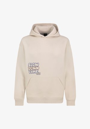 Cremefarbener Hoodie mit einer frontalen Kängurutasche. Mit dem Schriftzug "SLOW DOWN TIME" in verspielten Farben auf der linken Brustseite. Aus Baumwollmaterial.