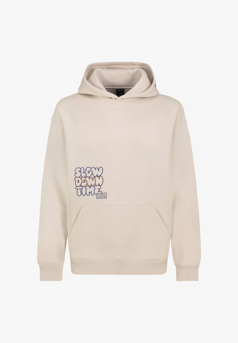 Crème hoodie met een voorzak. Voorzien van de tekst "SLOW DOWN TIME" in speelse kleuren op de linkerkant van de borst. Gemaakt van katoen.
