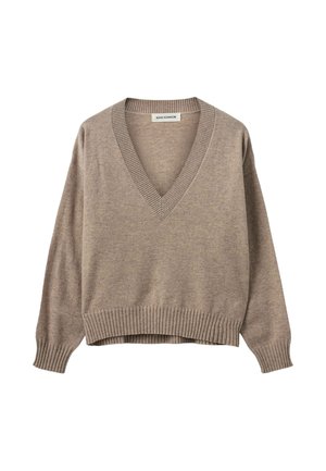 Beige V formos iškirptės megztinis, pagamintas iš minkštos medžiagos. Pasirinktiniai raukšlėti rankogalio ir apatinio krašto dizainai bei laisvas siluetas. Be raštų ar matomų detalių.