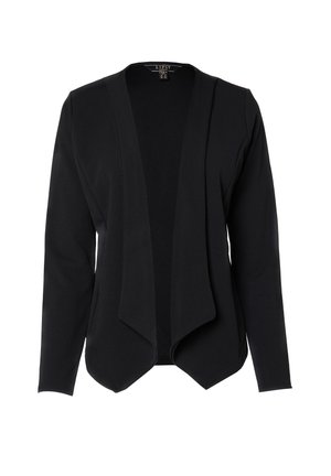 Zwarte blazer jas met lange mouwen en open voorkant, met een gedrapeerde reverskraag en een getailleerde pasvorm, dameskleding.