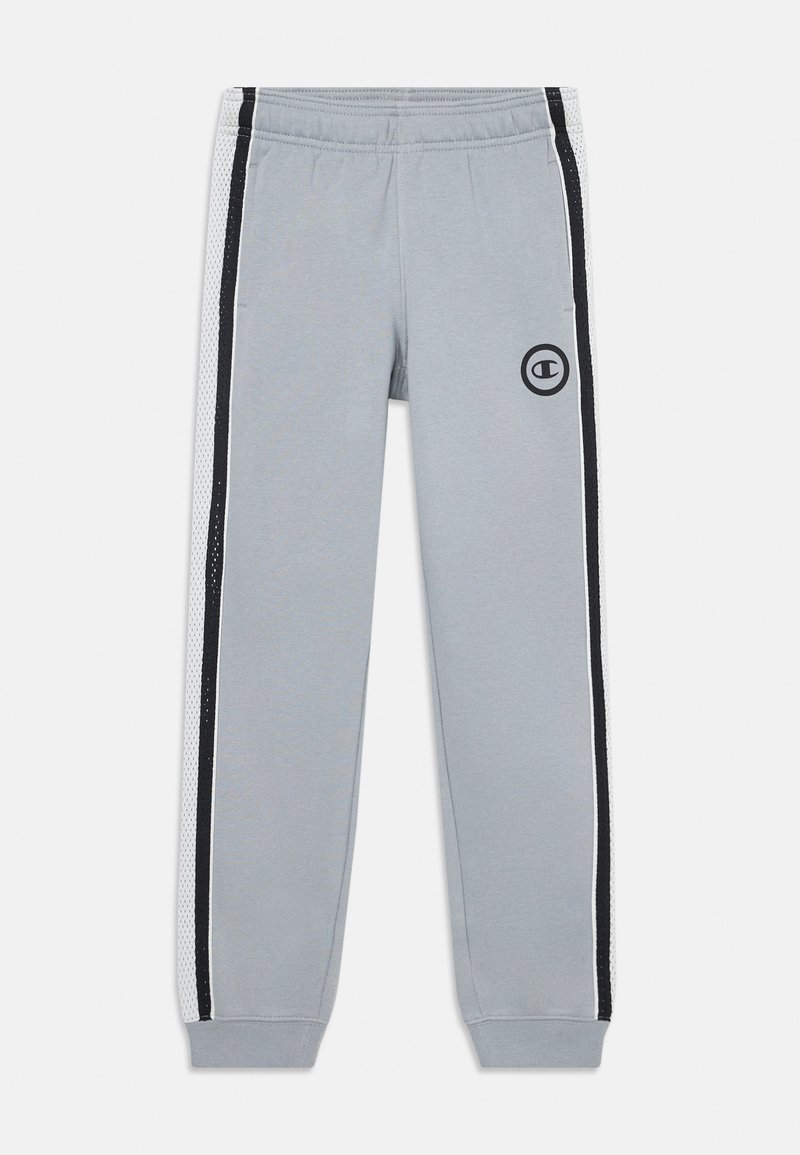 Graue Sweatpants mit schwarzem Logo; mit schwarzen und weißen Seitenstreifen und Netzpaneelen. Elastischer Bund und Bündchen.