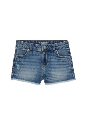 Blue Ridge mærke løstsiddende blå denimshorts med forlommer, knaplukning og frynset kant på hvid baggrund.