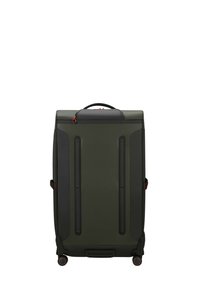 Hartschalenkoffer in Dunkelgrün und Schwarz. Verfügt über einen oberen Griff, zwei vertikale Rillen, Rollen und rote Akzentdetails.