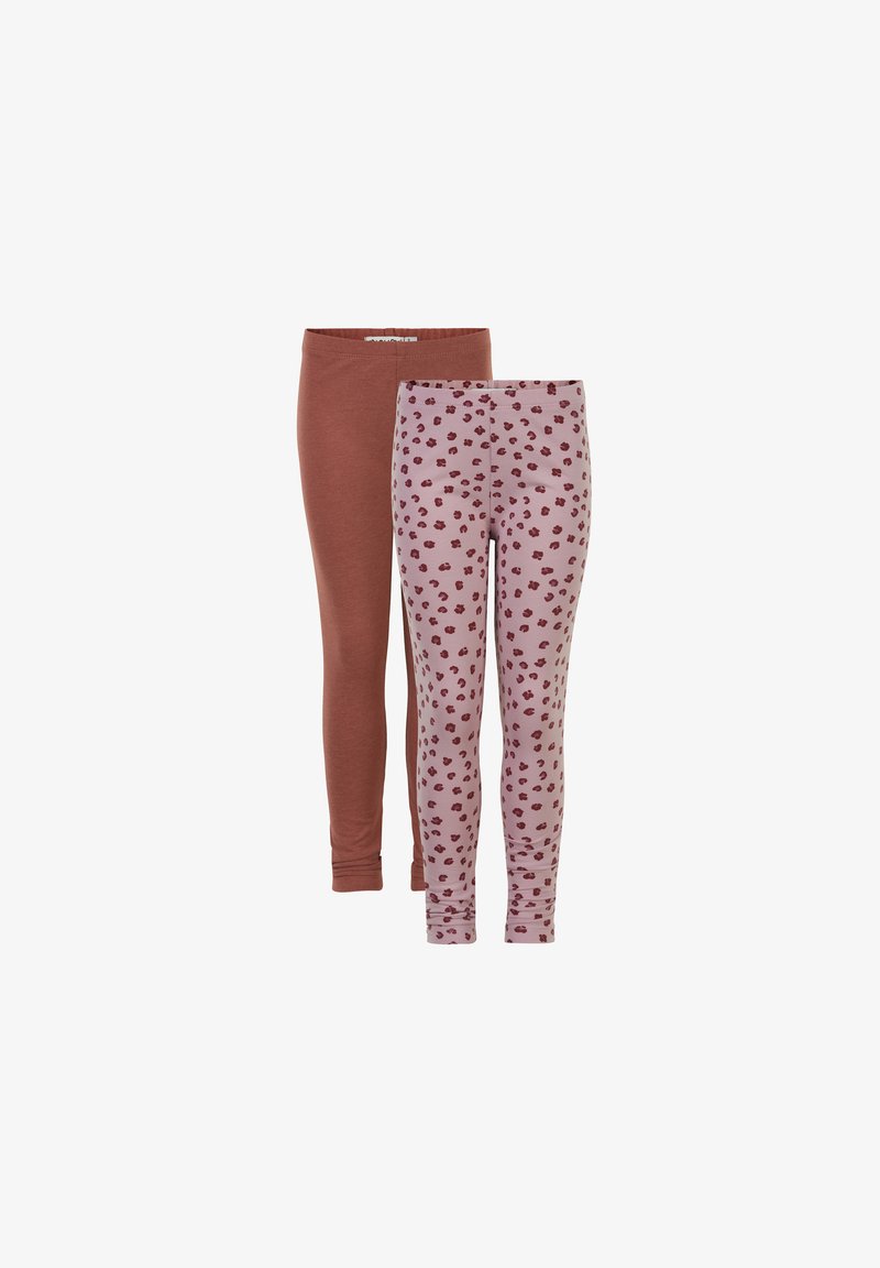 Twee paren meisjeslegging: één in effen terracotta, de andere lichtroze met maroon leopardvlekken. Beide zijn voorzien van elastische taillebanden.