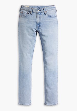 Lichtblauwe denimbroek met een rechte pijp, vijf zakken, bruine stiksels en een knoopsluiting aan de voorkant. Versleten uitstraling en geen versieringen.