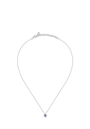 Collana d'argento con una delicata catena e un pendente rotondo con una pietra viola al centro. Chiusura semplice e lunghezza regolabile.
