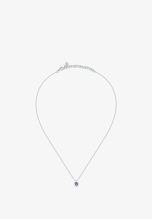 Collana d'argento con una delicata catena e un pendente rotondo con una pietra viola al centro. Chiusura semplice e lunghezza regolabile.