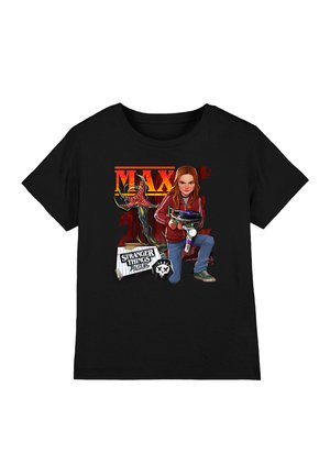 Black t-shirt featuring a kneeling girl with a ray gun, a demogorgon, and "MAX Stranger Things Tales 85" text and graphics.