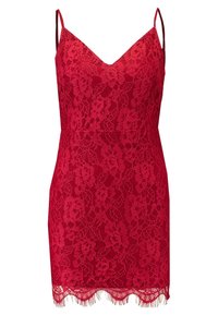 Robe en dentelle rouge avec un décolleté en V et des bretelles fines. Présente des motifs floraux et un ourlet à franges en bas. Silhouette ajustée.