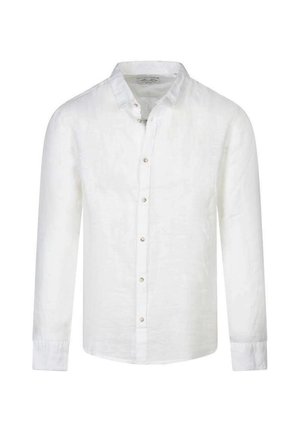 Chemise blanche en lin pour homme, à manches longues, avec col et sept boutons blancs sur le devant.