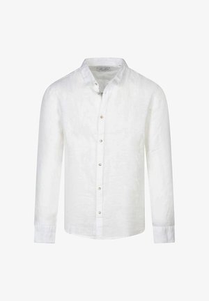 Chemise blanche en lin pour homme, à manches longues, avec col et sept boutons blancs sur le devant.