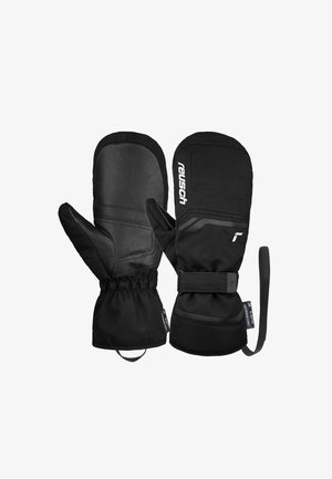 Zwarte wanten gemaakt van leer en softshell stof, met een nauwsluitende manchette, verstelbare band en het merkteken op de voorkant.