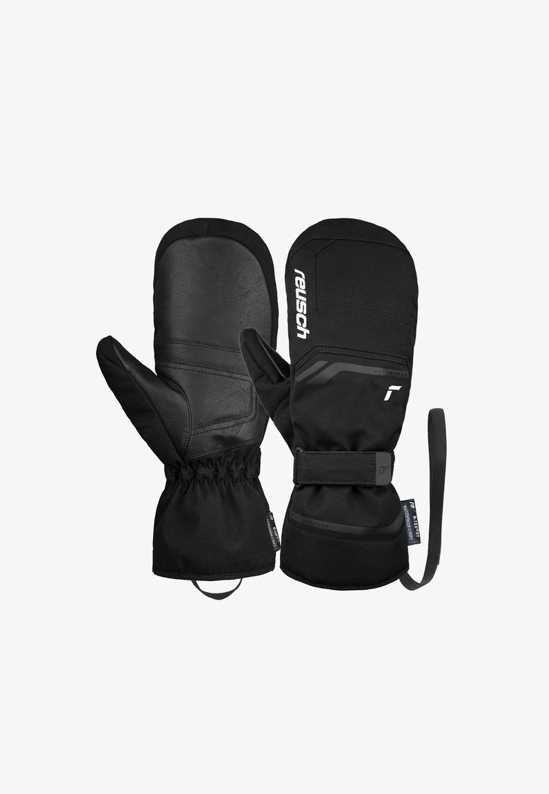Zwarte wanten gemaakt van leer en softshell stof, met een nauwsluitende manchette, verstelbare band en het merkteken op de voorkant.