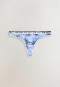 Sous-vêtement string en motif vichy bleu et blanc avec une ceinture blanche ornée du texte noir répété "NEXT".