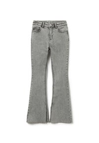 Jeans gris acampanados de denim, con una cintura alta, bolsillos frontales y un dobladillo sin terminar con un ligero deshilachado en los extremos.